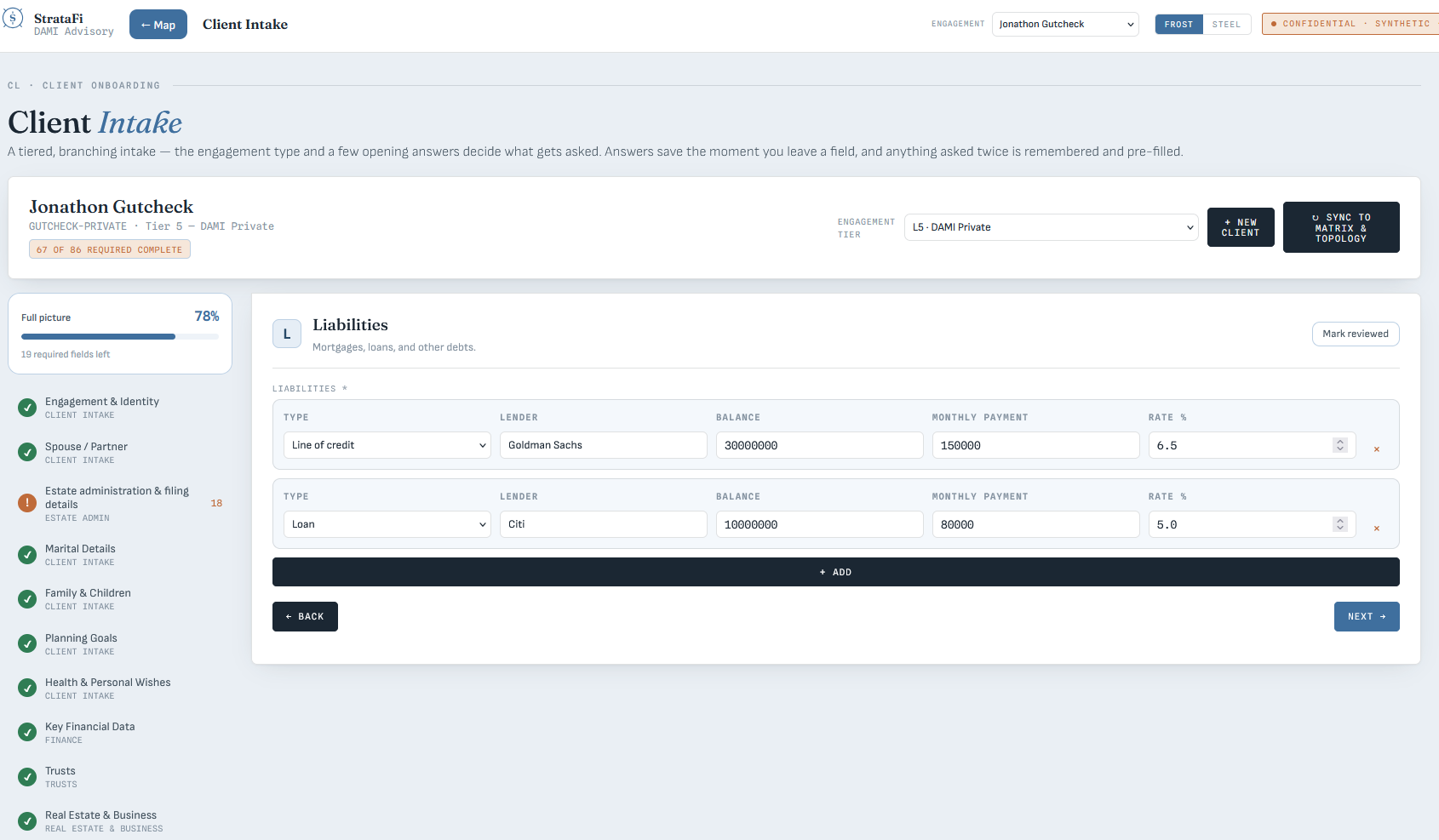 The client intake wizard showing section progress and a liabilities panel